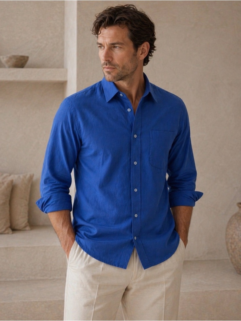Vibrant Blue Men's Casual Button Down Shirt